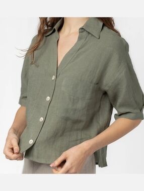 Linen Mod Ref Dawn Top Olive Green Short-Sleeve Button Shirt Beachy Boho Coastal